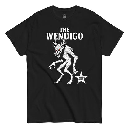 The Wendigo Cryptid Club T-shirt featuring a white skeletal creature with red eyes on black fabric.