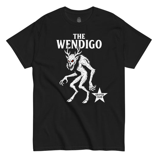 The Wendigo Cryptid Club T-shirt featuring a white skeletal creature with red eyes on black fabric.