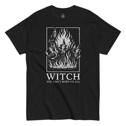 Distressed witch design with three witches in flames and text “Witch You Can’t Burn Us All” on black fabric.