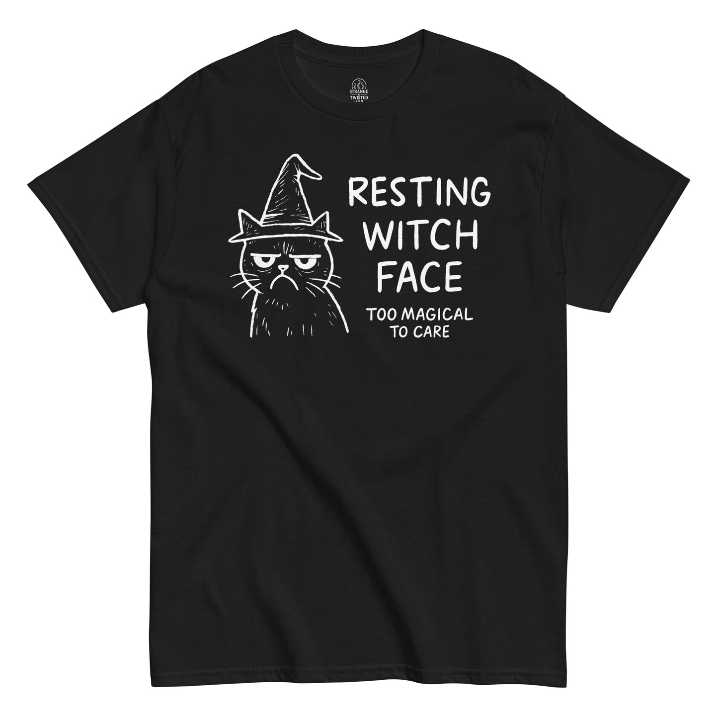 Funny “Resting Witch Face Too Magical To Care” T-shirt design with grumpy witch cat on black fabric.