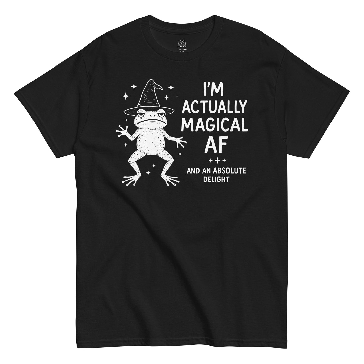 Funny witchy frog T-shirt design that reads “I’m Actually Magical AF and an Absolute Delight,” featuring a cartoon frog in a witch hat surrounded by sparkles, gothic witchcore apparel on black background.