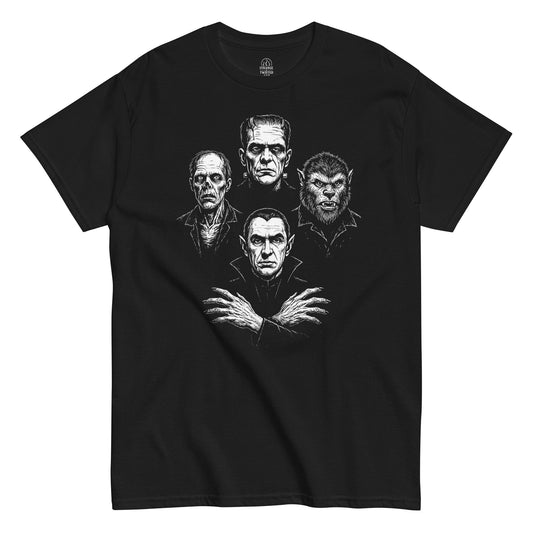Classic monsters parody T-shirt featuring vampire, zombie, Frankenstein, and werewolf in vintage horror style, printed on black fabric.