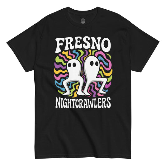 Fresno Nightcrawlers Cryptid T-shirt on black fabric.