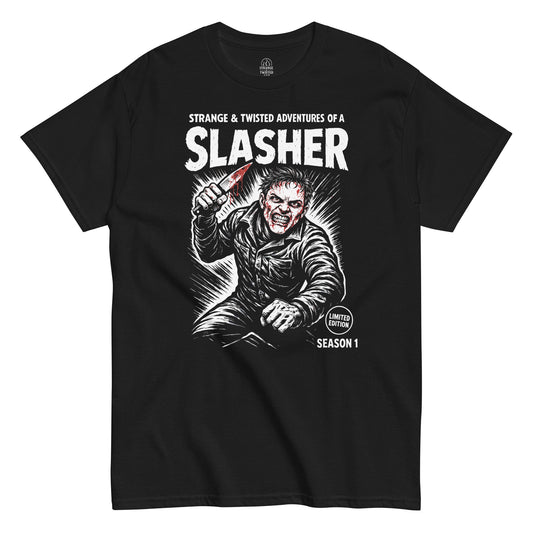 Front view of black t-shirt featuring a bold comic style slasher illustration, enraged man lunging forward with a knife, red blood accents, high contrast white artwork with the text Strange and Twisted Adventures of a Slasher