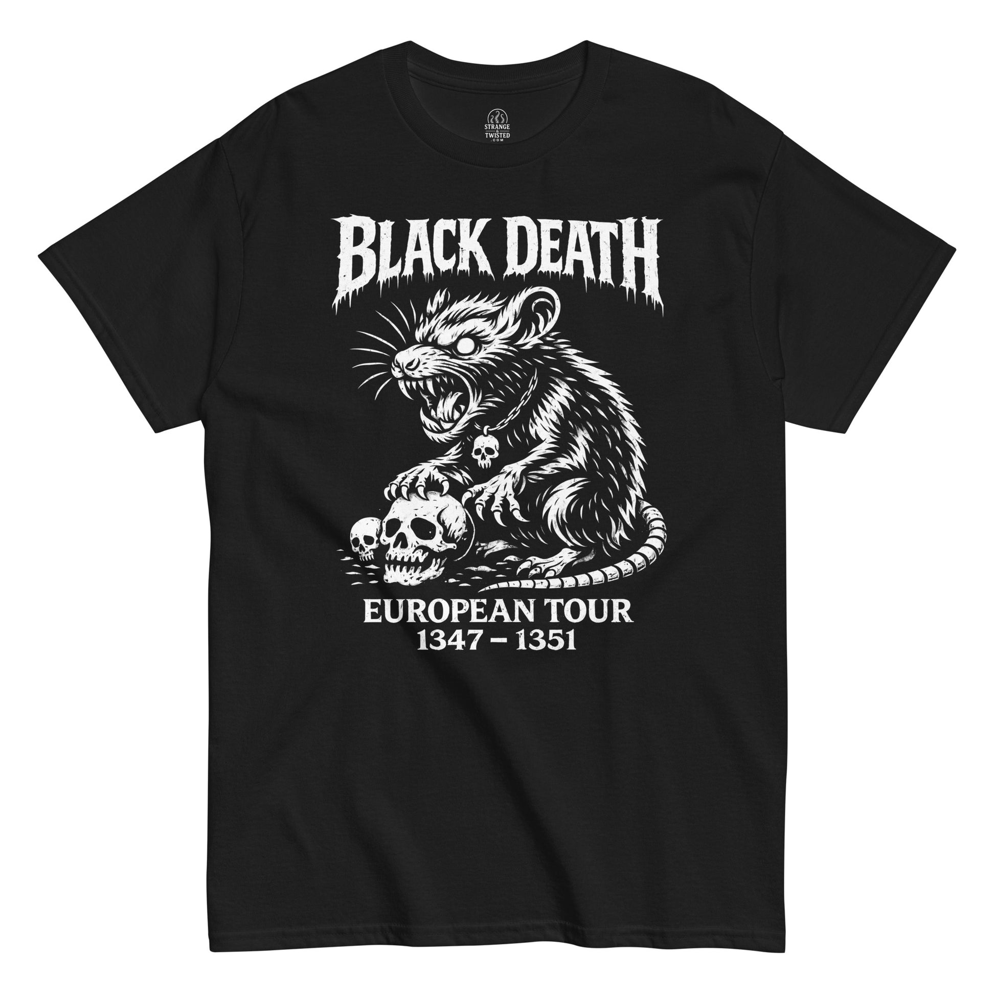 Black Death European Tour 1347 to 1351 plague rat skull illustration on black t shirt
