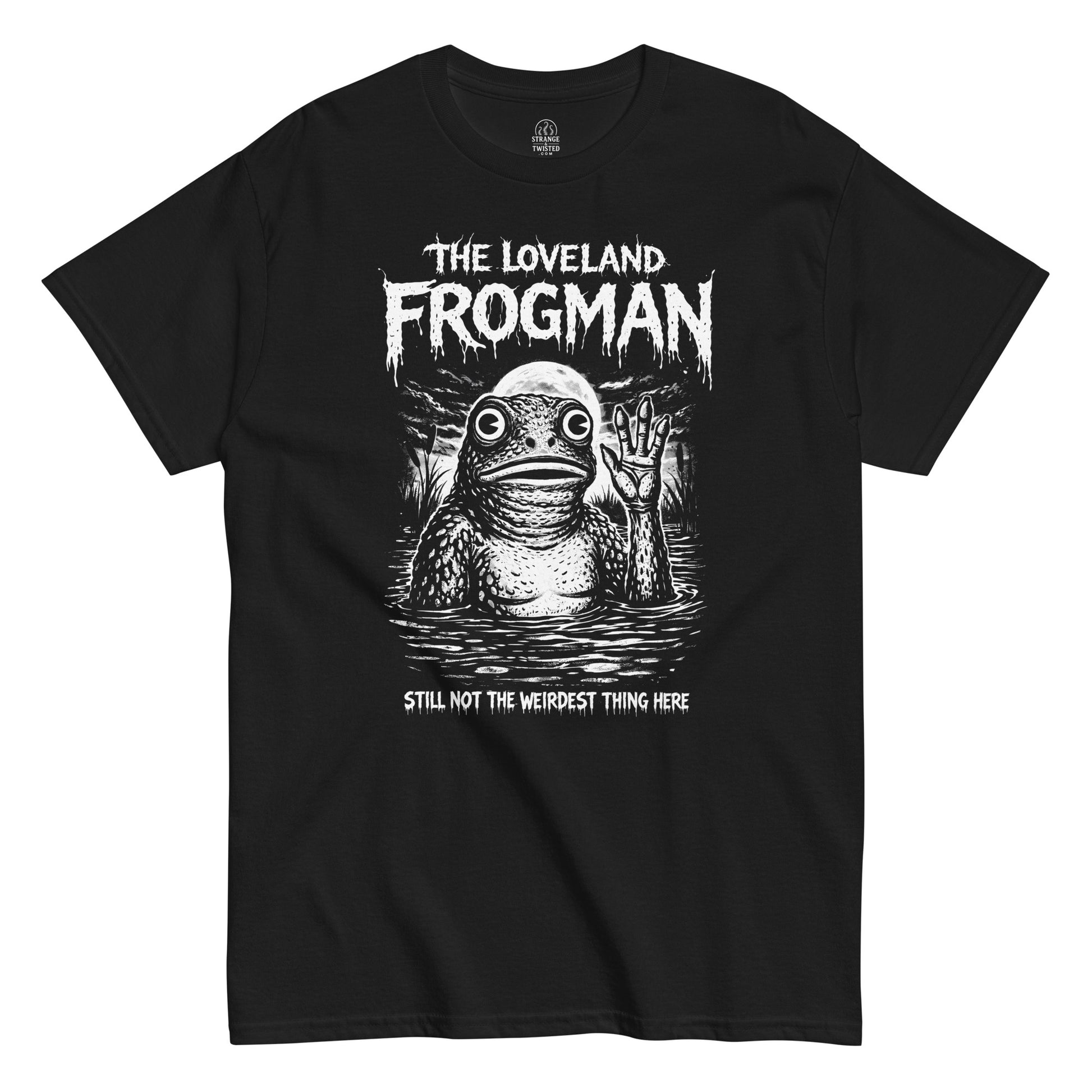Loveland Frogman cryptid illustration emerging from water on black t shirt