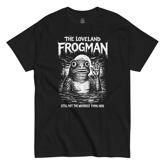 Loveland Frogman cryptid illustration emerging from water on black t shirt