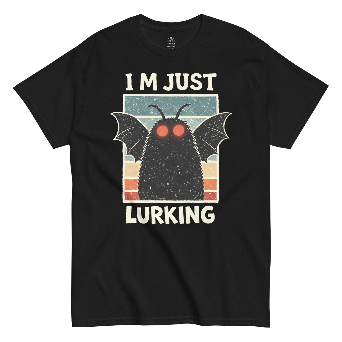 Dark Mothman figure with glowing red eyes and wide wings, Im Just Lurking slogan, vintage cryptid artwork on a black t shirt