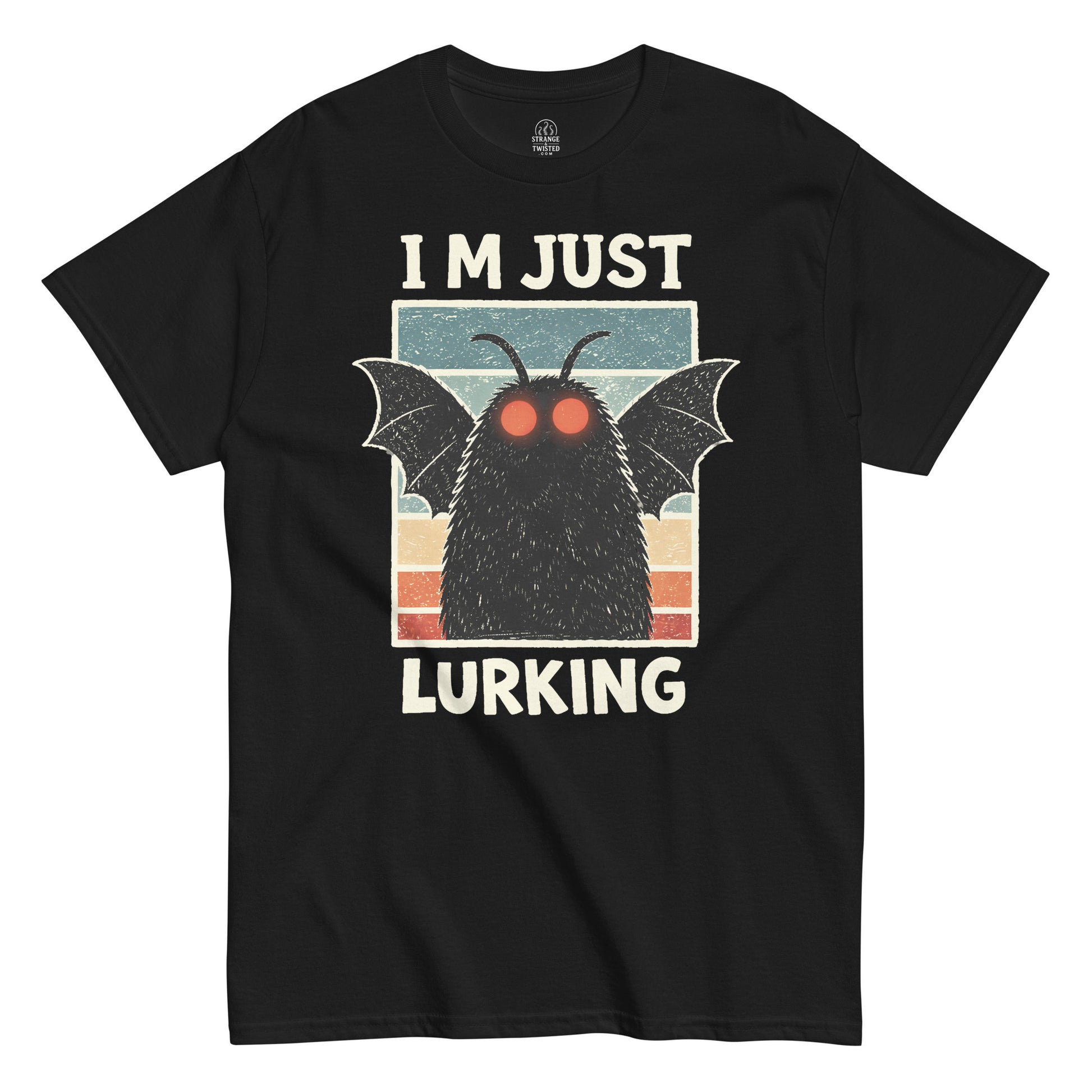 Dark Mothman figure with glowing red eyes and wide wings, Im Just Lurking slogan, vintage cryptid artwork on a black t shirt