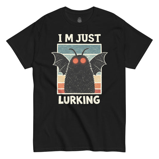 Dark Mothman figure with glowing red eyes and wide wings, Im Just Lurking slogan, vintage cryptid artwork on a black t shirt
