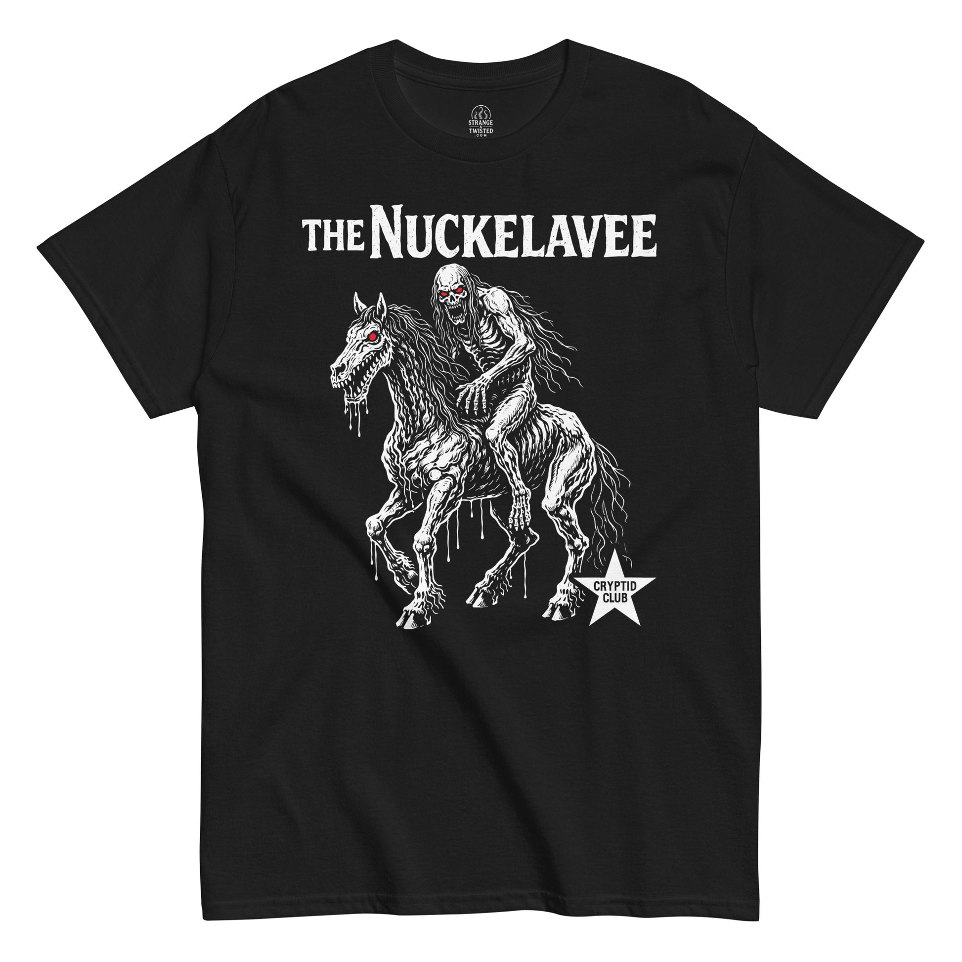White line art illustration of the Nuckelavee cryptid with skeletal rider and horse, glowing red eyes, Scottish folklore horror artwork printed on a black t shirt