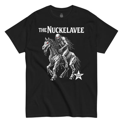 White line art illustration of the Nuckelavee cryptid with skeletal rider and horse, glowing red eyes, Scottish folklore horror artwork printed on a black t shirt