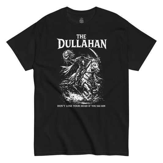 White distressed illustration of the Dullahan headless horseman riding through darkness with warning text, Irish folklore horror artwork on a black t shirt