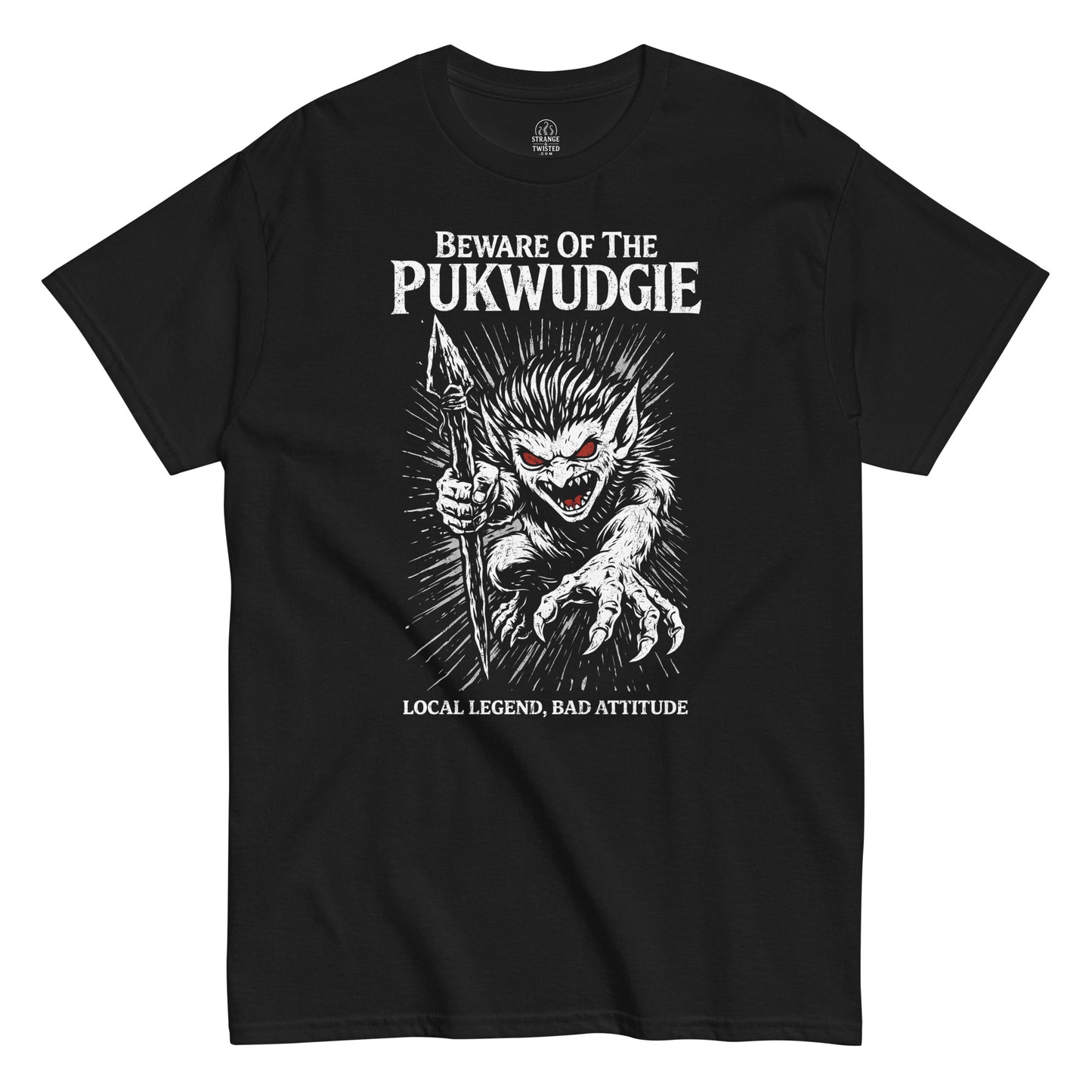 White line art illustration of the Pukwudgie cryptid with red eyes holding a spear, Beware Of The Pukwudgie text and folklore horror artwork on a black t shirt