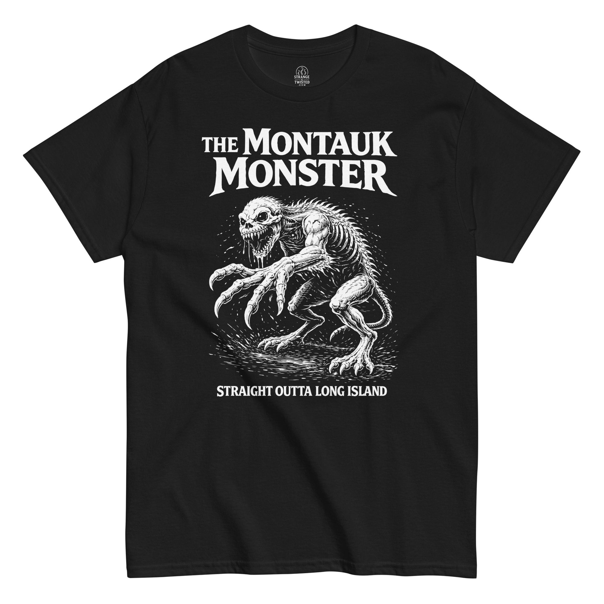 White distressed illustration of the Montauk Monster lunging forward with claws extended, Straight Outta Long Island text and cryptid horror artwork on a black t shirt