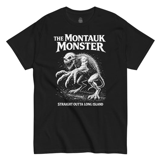 White distressed illustration of the Montauk Monster lunging forward with claws extended, Straight Outta Long Island text and cryptid horror artwork on a black t shirt