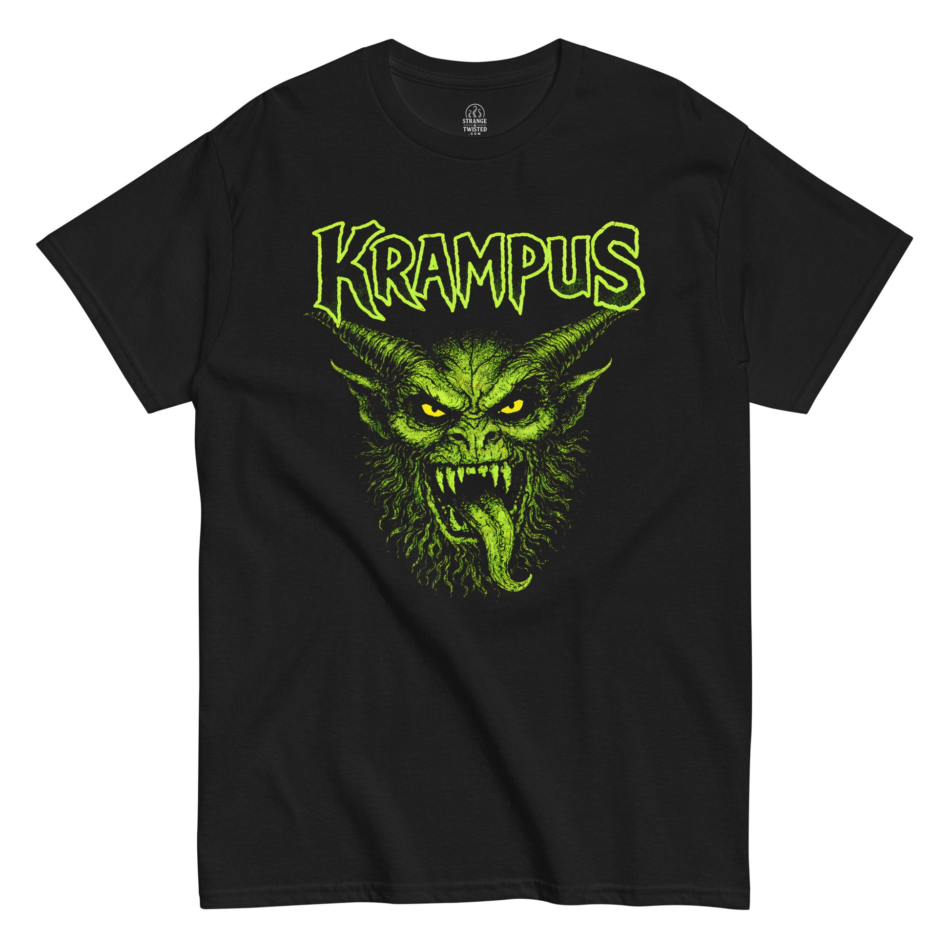 Krampus gothic demon illustration t-shirt with bold green artwork on black
