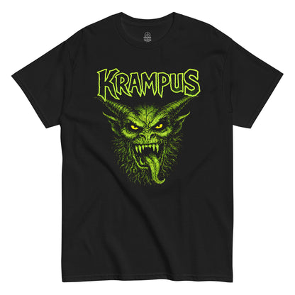 Krampus gothic demon illustration t-shirt with bold green artwork on black
