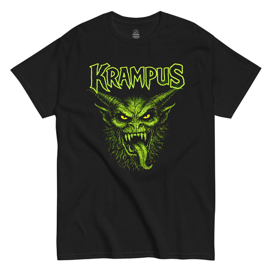 Krampus gothic demon illustration t-shirt with bold green artwork on black