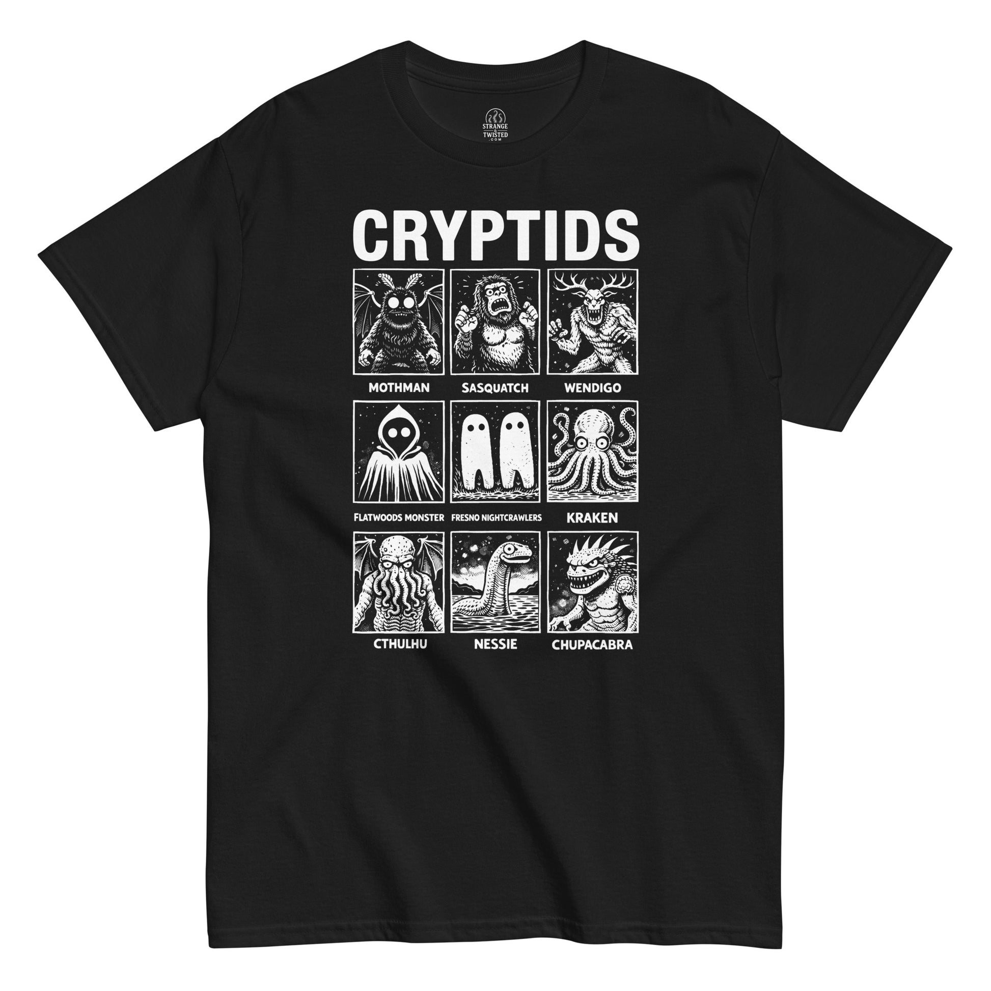 Cryptids folklore monster grid t-shirt featuring multiple legendary creatures on black