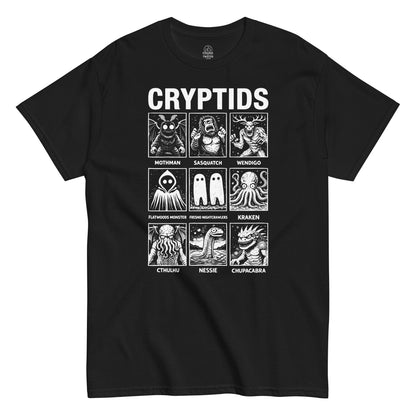 Cryptids folklore monster grid t-shirt featuring multiple legendary creatures on black