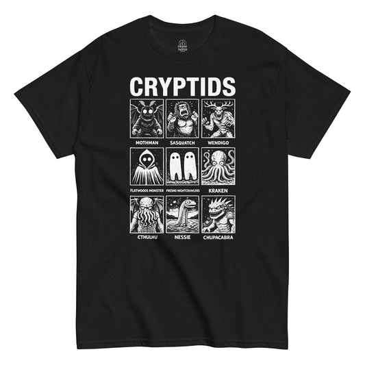 Cryptids folklore monster grid t-shirt featuring multiple legendary creatures on black