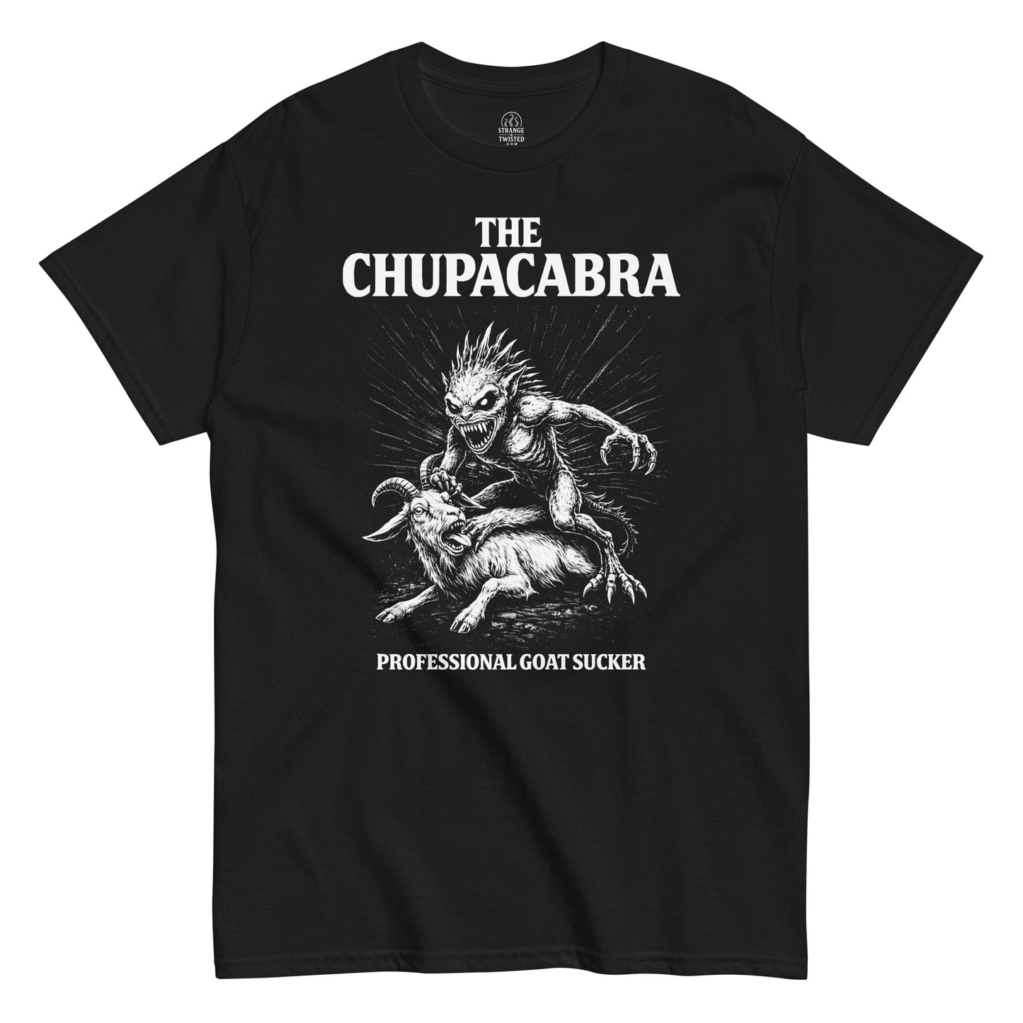 Chupacabra cryptid illustration t-shirt on black attacking goat with Professional Goat Sucker text