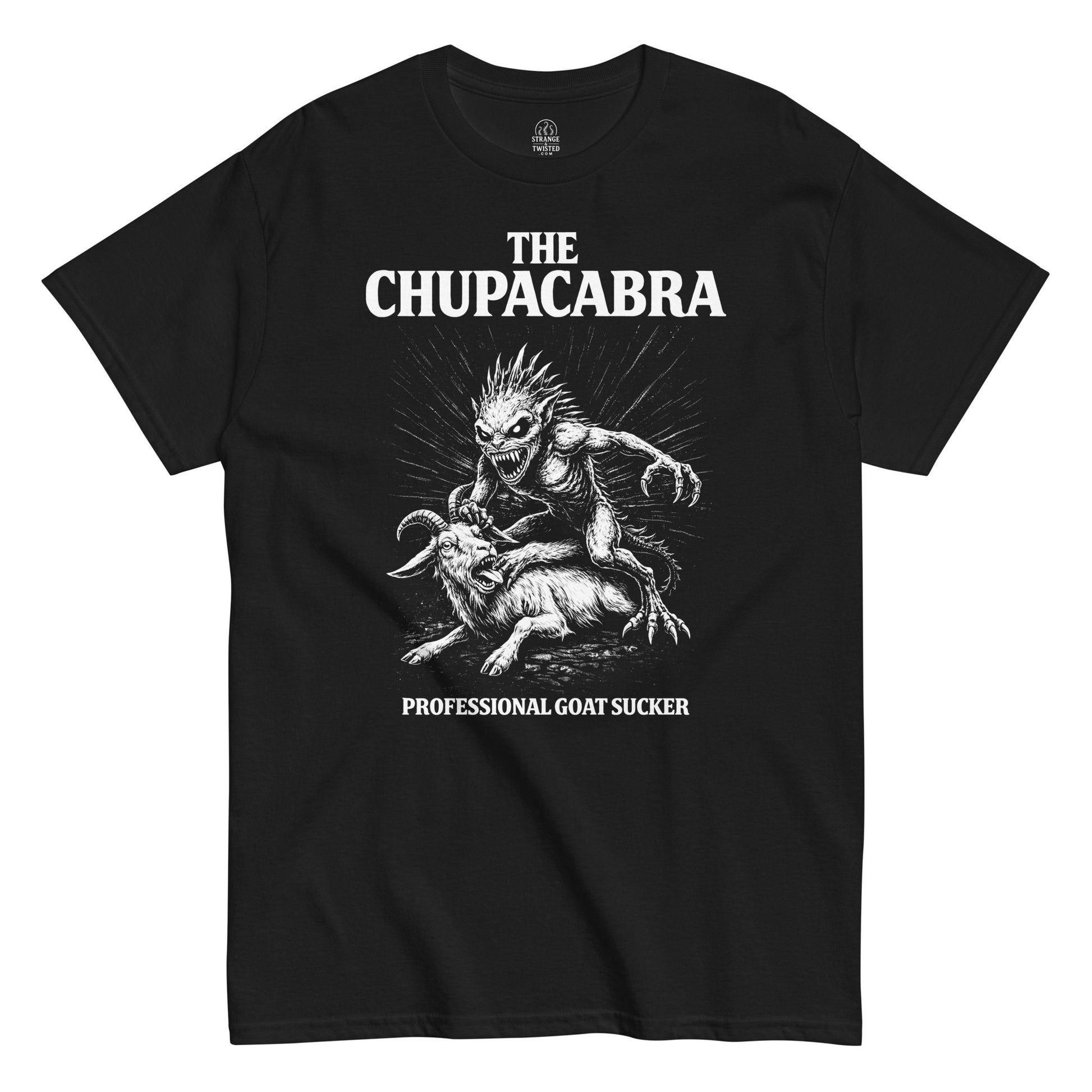 Chupacabra cryptid illustration t-shirt on black attacking goat with Professional Goat Sucker text