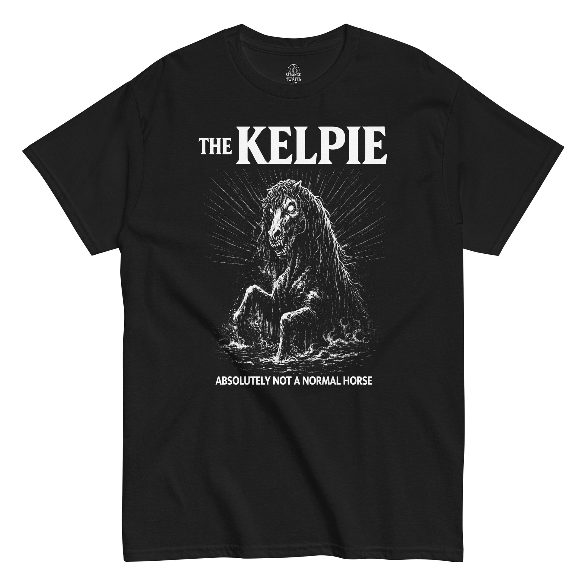 Kelpie Scottish folklore illustration t-shirt on black with eerie water spirit artwork