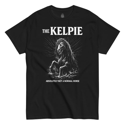 Kelpie Scottish folklore illustration t-shirt on black with eerie water spirit artwork