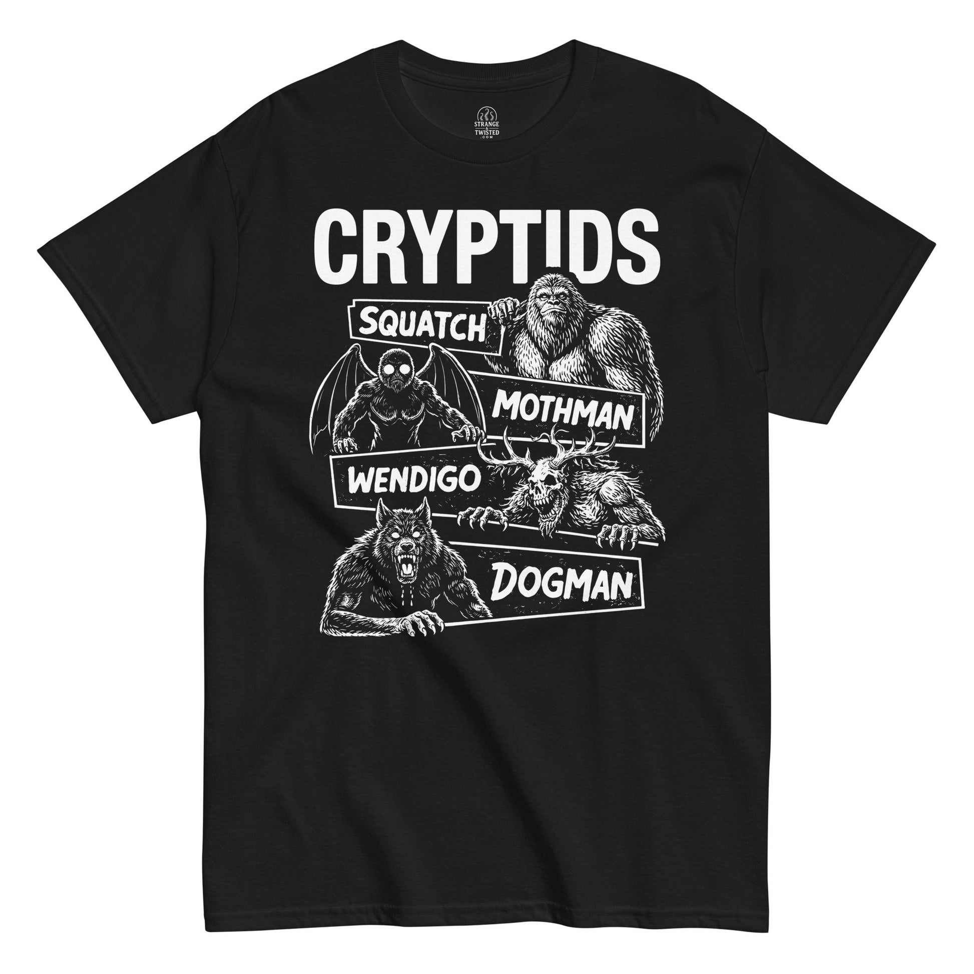 Black t-shirt with white graphic design featuring cryptids and their names on a white background.