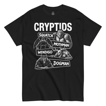 Black t-shirt with white graphic design featuring cryptids and their names on a white background.