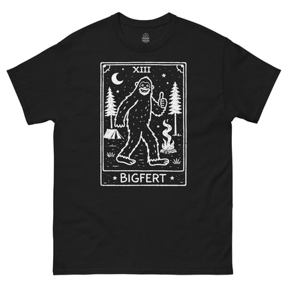 Black t-shirt with a graphic of a bigfoot and 'BIGFERT' text on a white background