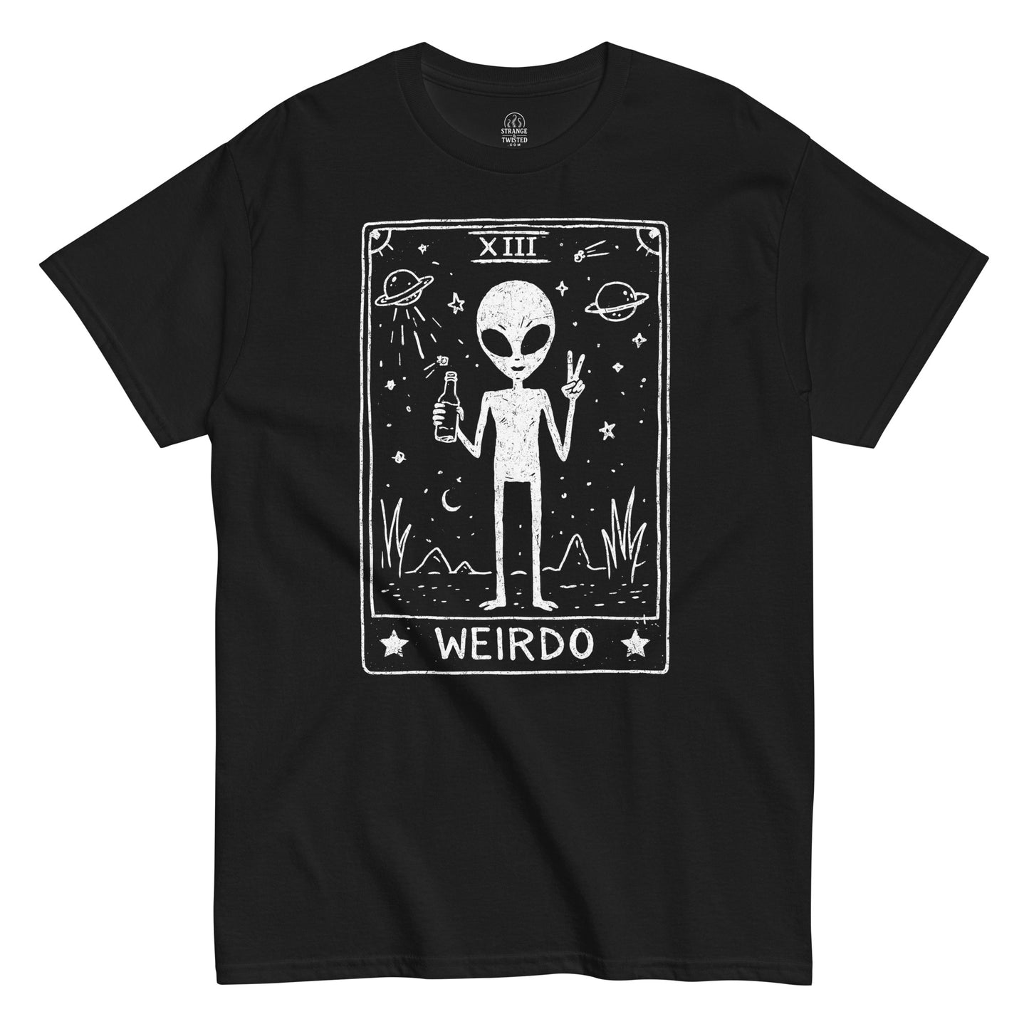Black t-shirt with alien graphic and 'WEIRDO' text on a white background
