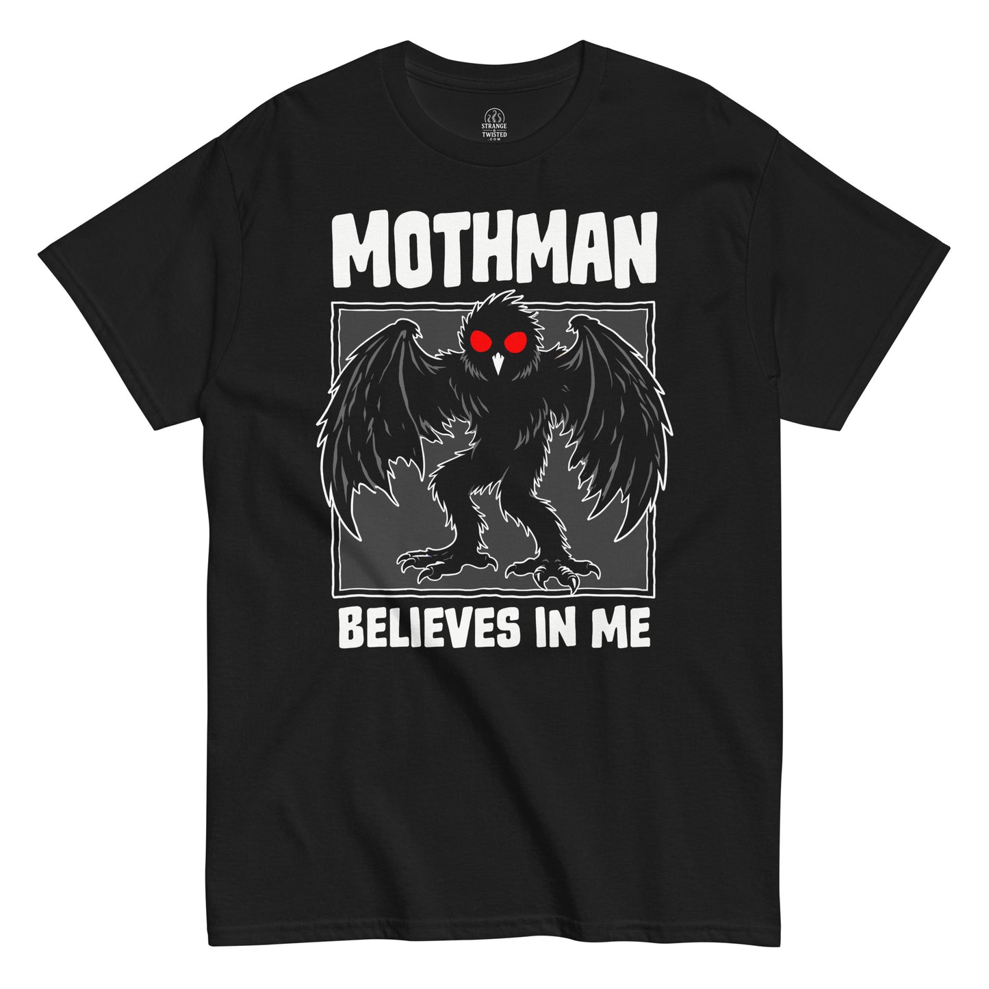 Black t-shirt with Mothman graphic and text 'Mothman Believes in Me' on a white background