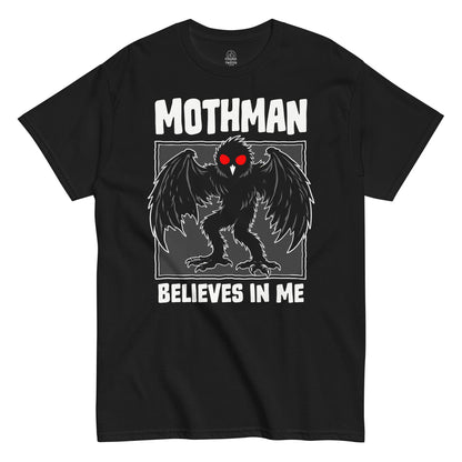Black t-shirt with Mothman graphic and text 'Mothman Believes in Me' on a white background