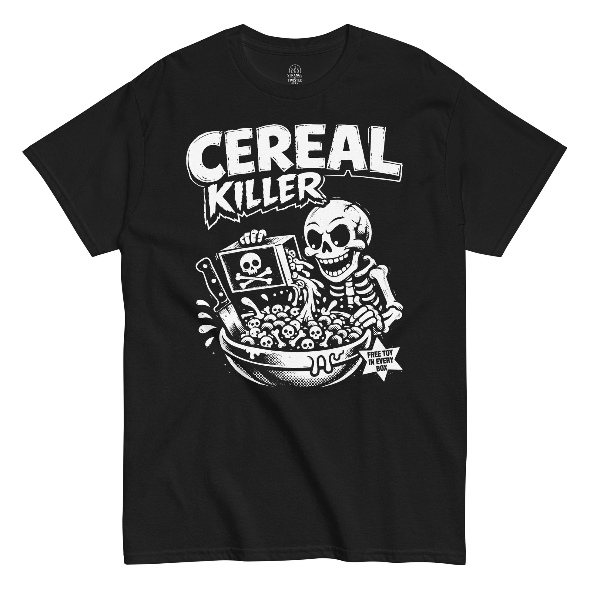 black T-shirt with skeleton cereal killer horror cartoon design