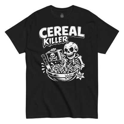 black T-shirt with skeleton cereal killer horror cartoon design