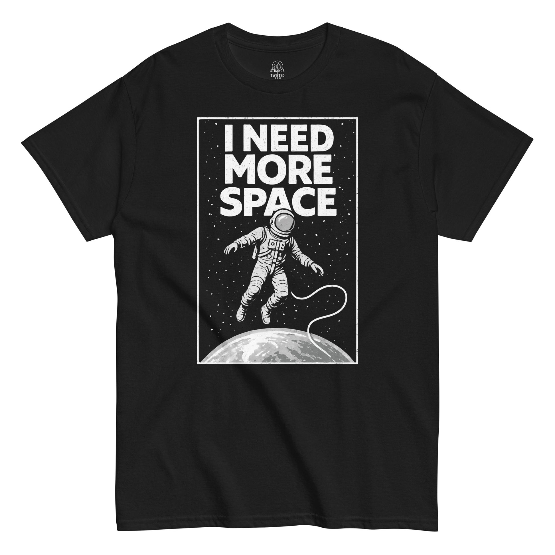 Front black t-shirt showing I Need More Space astronaut floating in space graphic