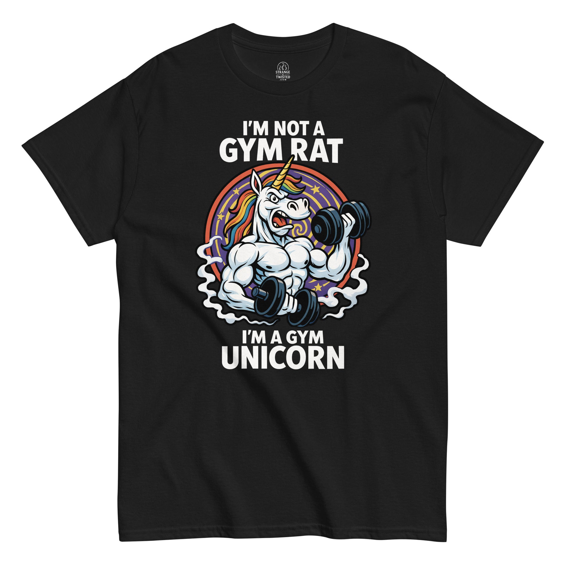 Front black t shirt with muscular unicorn lifting dumbbells gym design