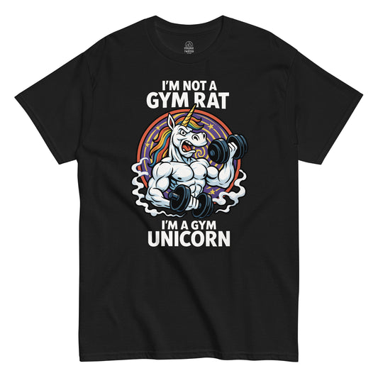 Front black t shirt with muscular unicorn lifting dumbbells gym design