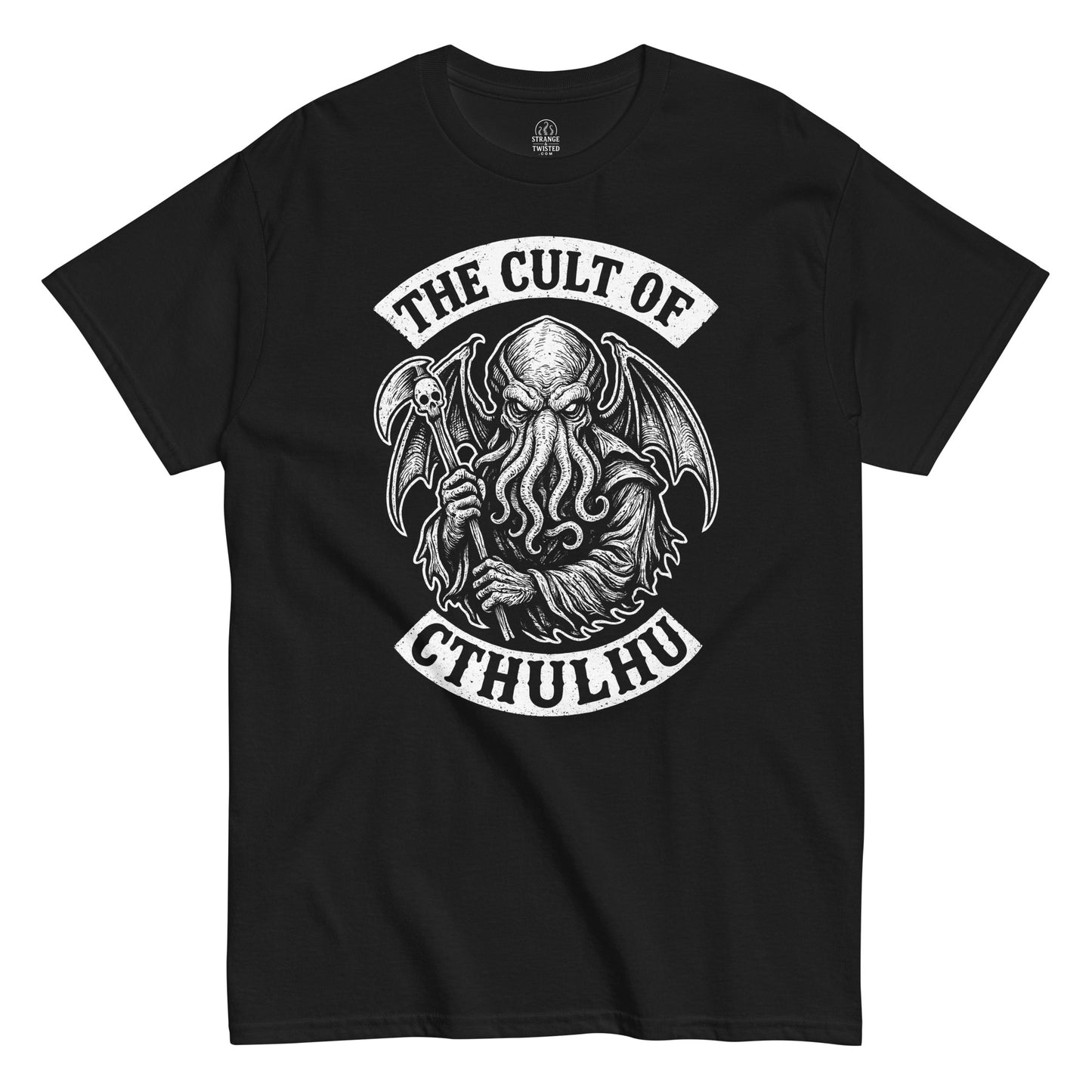 Black t shirt with Cult of Cthulhu cosmic horror illustration