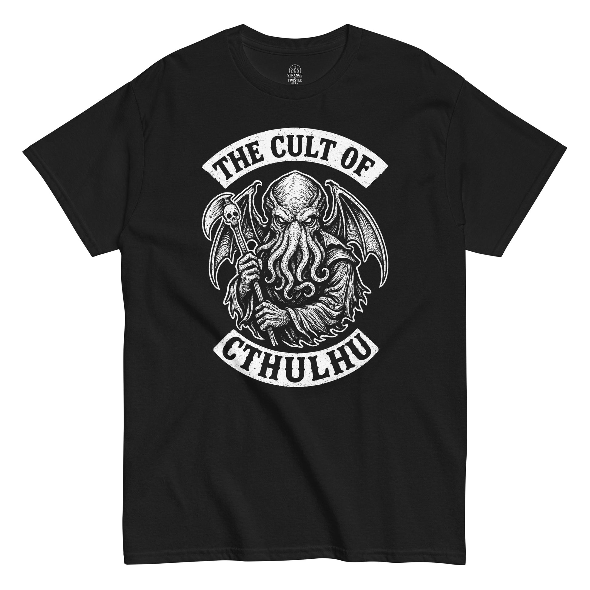 Black t shirt with Cult of Cthulhu cosmic horror illustration
