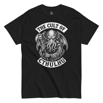 Black t shirt with Cult of Cthulhu cosmic horror illustration