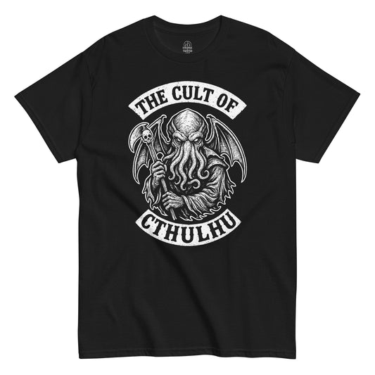 Black t shirt with Cult of Cthulhu cosmic horror illustration