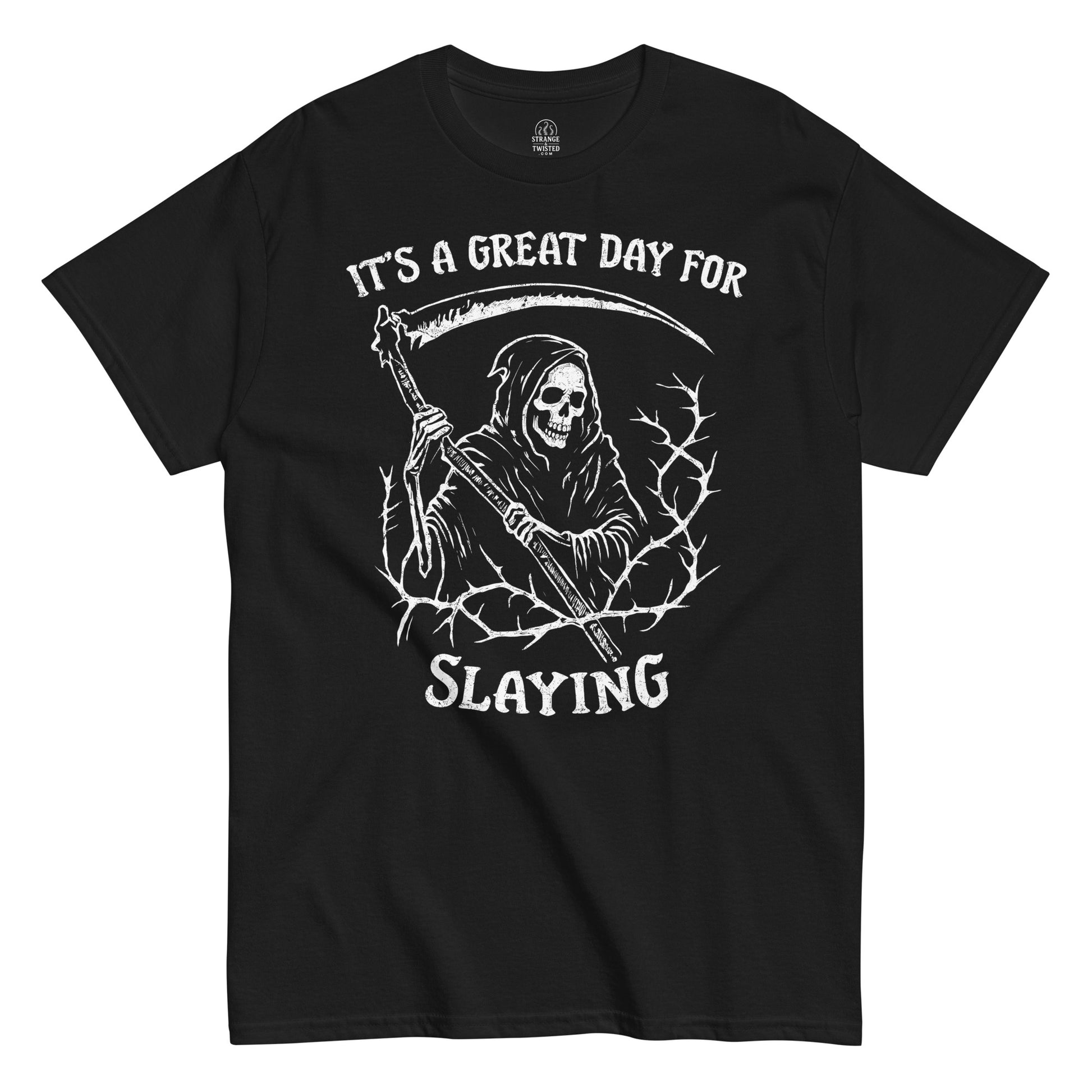 Front view black T-shirt with grim reaper holding a scythe and slaying slogan