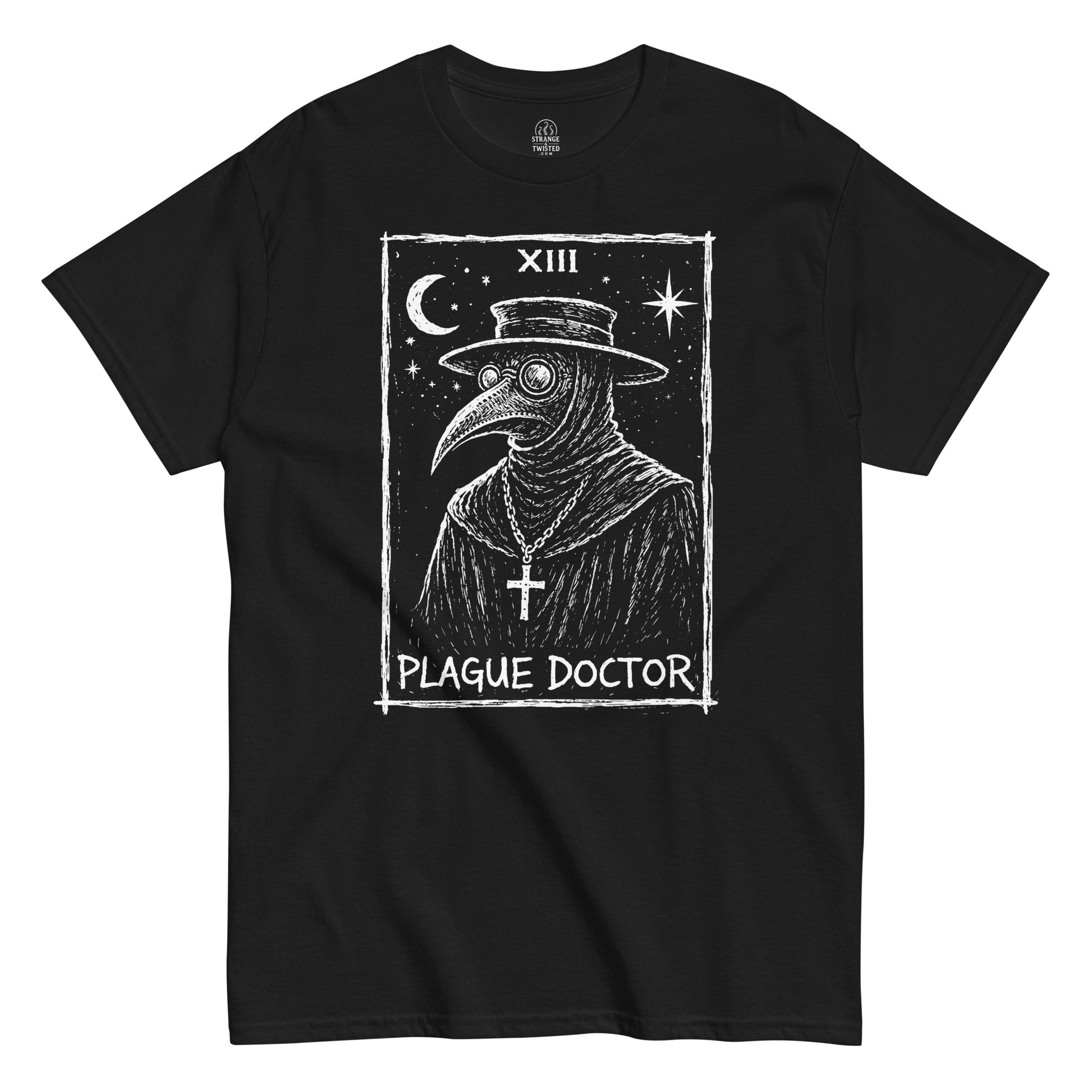 Plague Doctor tarot XIII illustration in white on black t-shirt