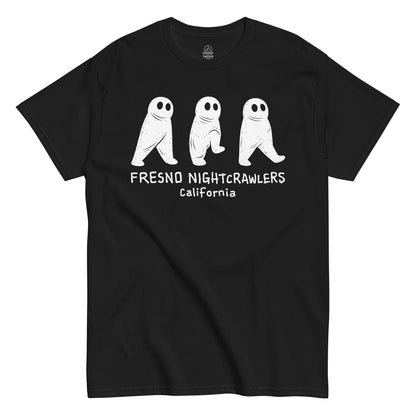 Front black T-shirt featuring Fresno Nightcrawler cryptid figures