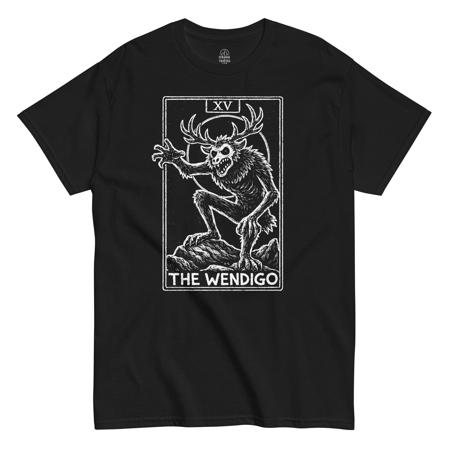 Wendigo tarot card horror illustration printed on black t-shirt