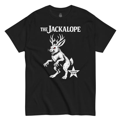 Jackalope cryptid illustration with red eyes on black t shirt